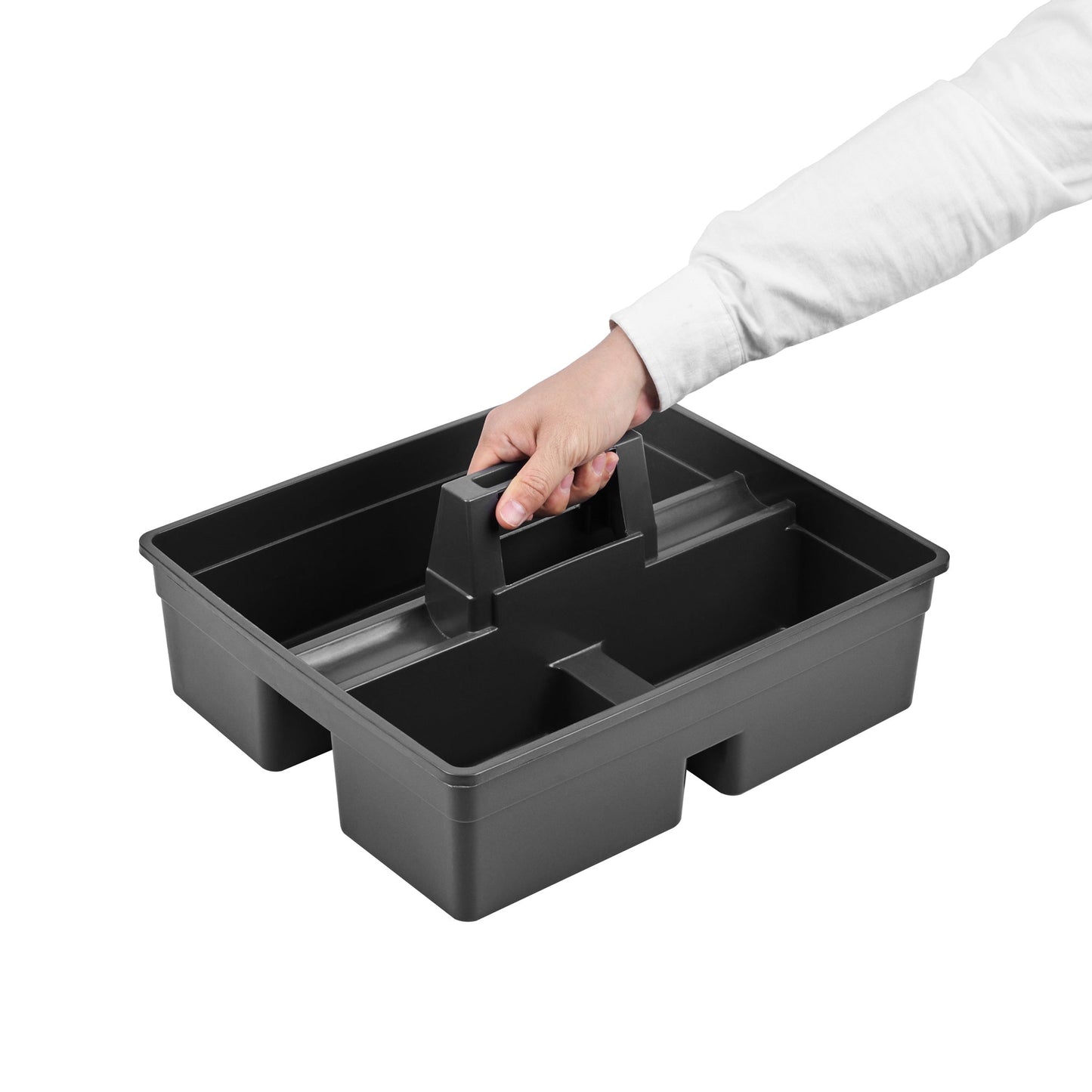 RW Clean Black Plastic Cleaning Caddy - 3 Compartments, with Handle - 15 1/4" x 13 1/4" x 6 3/4" - 1 count box