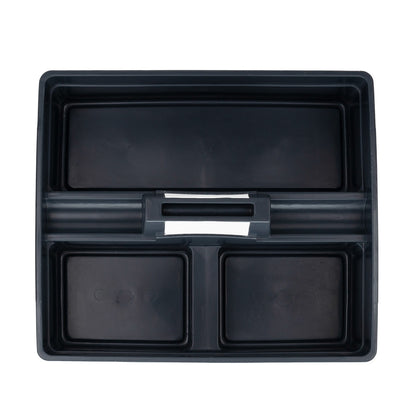 RW Clean Black Plastic Cleaning Caddy - 3 Compartments, with Handle - 15 1/4" x 13 1/4" x 6 3/4" - 1 count box