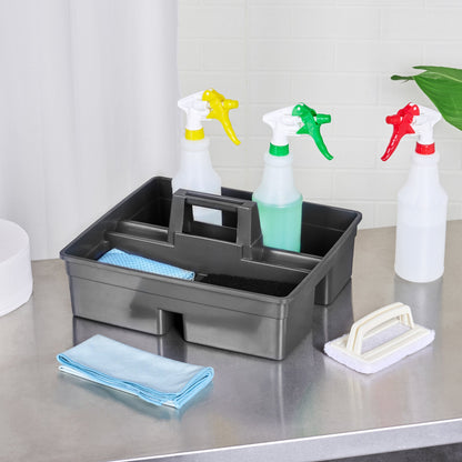 RW Clean Black Plastic Cleaning Caddy - 3 Compartments, with Handle - 15 1/4" x 13 1/4" x 6 3/4" - 1 count box