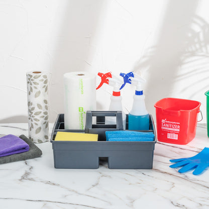 RW Clean Black Plastic Cleaning Caddy - 3 Compartments, with Handle - 15 1/4" x 13 1/4" x 6 3/4" - 1 count box