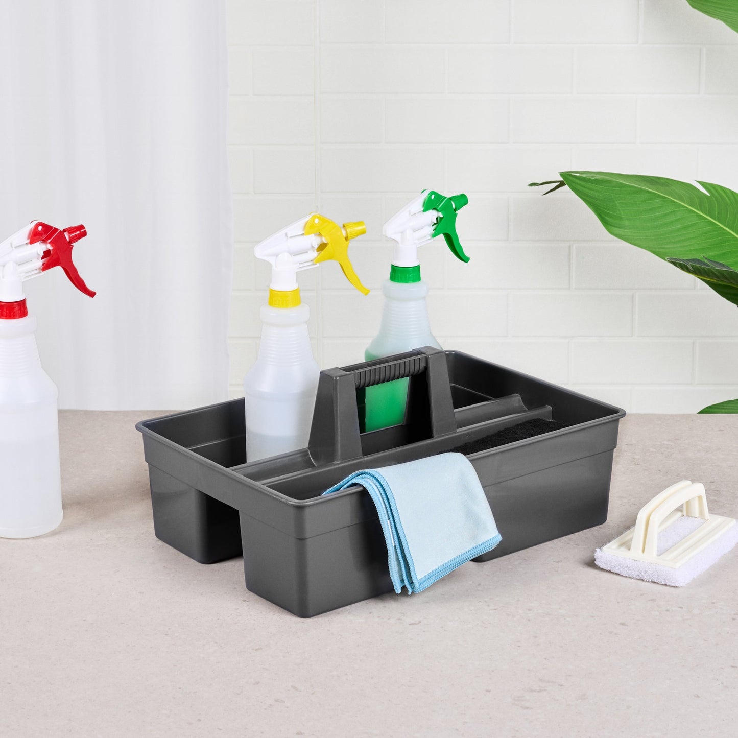 RW Clean Black Plastic Cleaning Caddy - 3 Compartments, with Handle - 16" x 10 1/2" x 7" - 1 count box