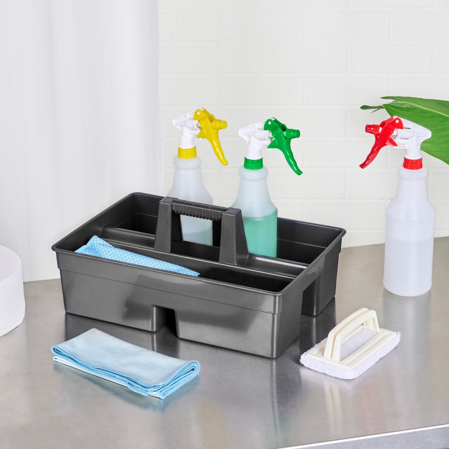 RW Clean Black Plastic Cleaning Caddy - 3 Compartments, with Handle - 16" x 10 1/2" x 7" - 1 count box