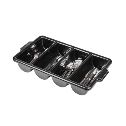 RW Clean Black Plastic Cutlery Box - 4 Compartments, with Handles - 22" x 14 1/4" x 3 1/2" - 1 count box
