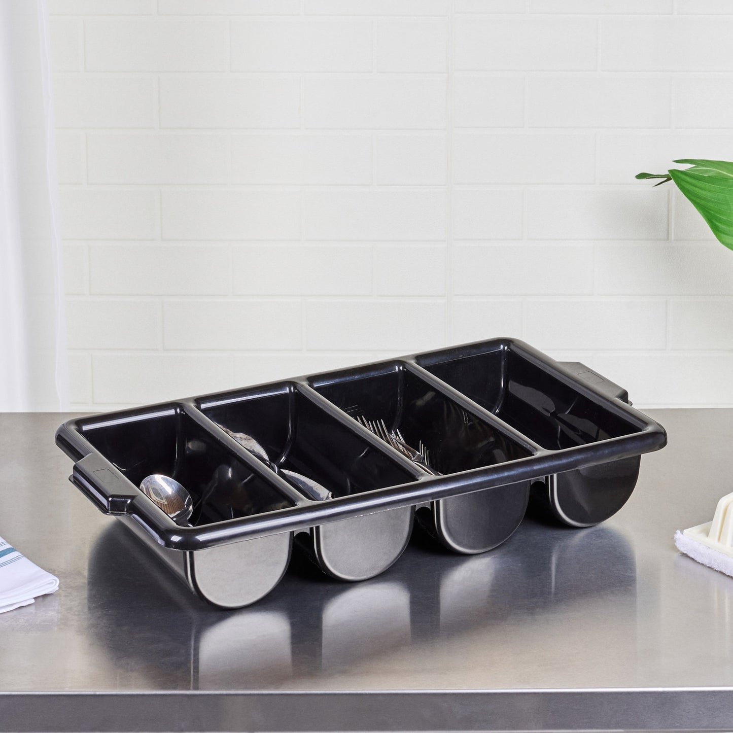 RW Clean Black Plastic Cutlery Box - 4 Compartments, with Handles - 22" x 14 1/4" x 3 1/2" - 1 count box