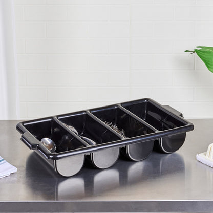 RW Clean Black Plastic Cutlery Box - 4 Compartments, with Handles - 22" x 14 1/4" x 3 1/2" - 1 count box