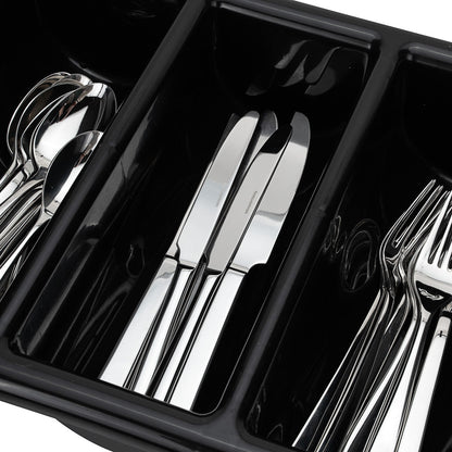 RW Clean Black Plastic Cutlery Box - 4 Compartments, with Handles - 22" x 14 1/4" x 3 1/2" - 1 count box