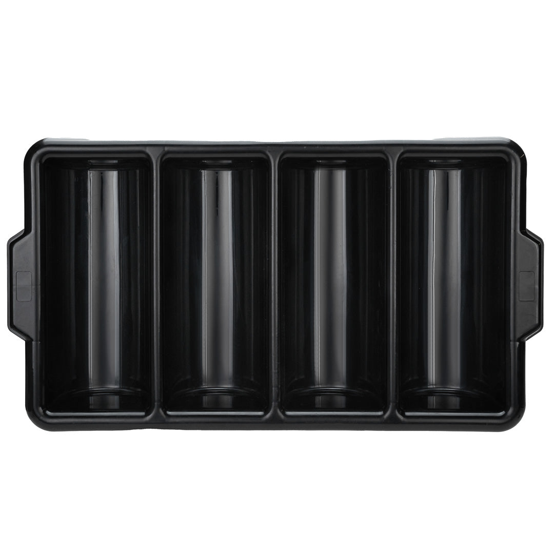 RW Clean Black Plastic Cutlery Box - 4 Compartments, with Handles - 22" x 14 1/4" x 3 1/2" - 1 count box