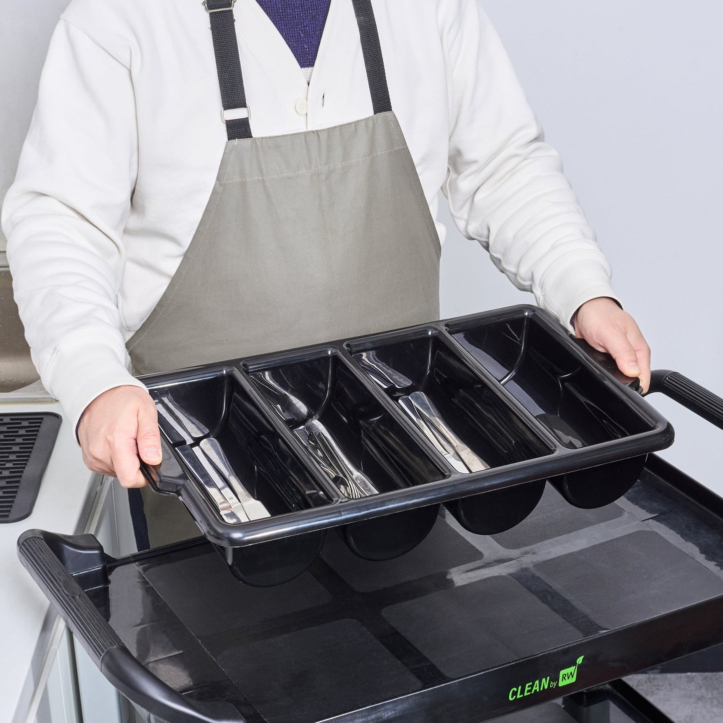 RW Clean Black Plastic Cutlery Box - 4 Compartments, with Handles - 22" x 14 1/4" x 3 1/2" - 1 count box