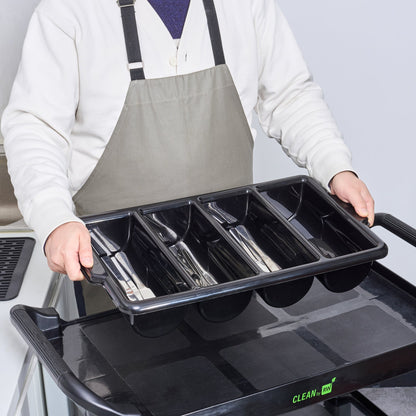 RW Clean Black Plastic Cutlery Box - 4 Compartments, with Handles - 22" x 14 1/4" x 3 1/2" - 1 count box