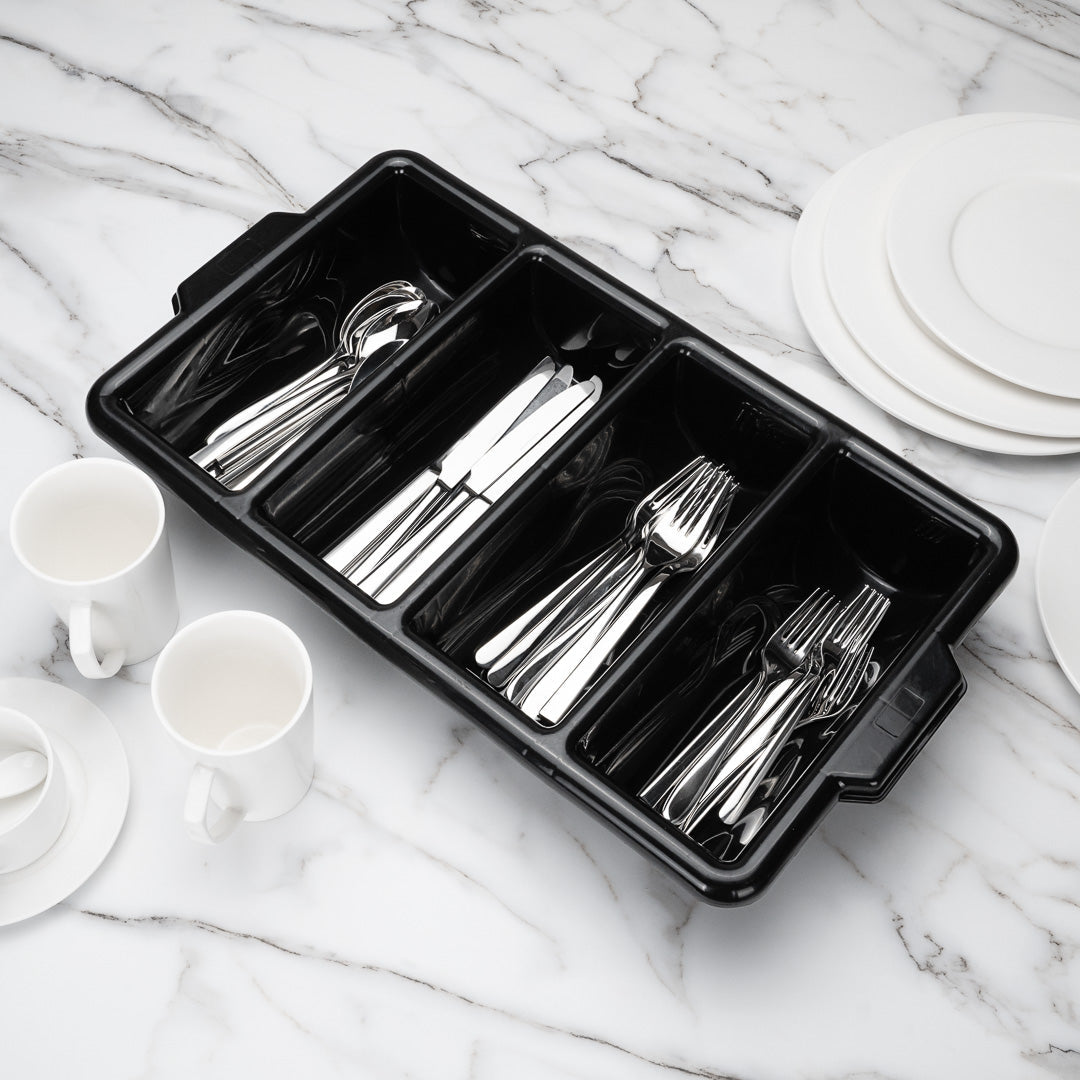 RW Clean Black Plastic Cutlery Box - 4 Compartments, with Handles - 22" x 14 1/4" x 3 1/2" - 1 count box