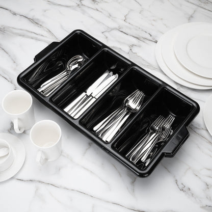 RW Clean Black Plastic Cutlery Box - 4 Compartments, with Handles - 22" x 14 1/4" x 3 1/2" - 1 count box