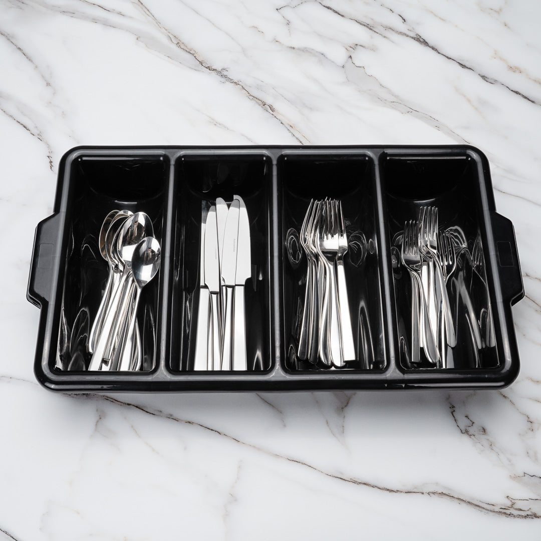 RW Clean Black Plastic Cutlery Box - 4 Compartments, with Handles - 22" x 14 1/4" x 3 1/2" - 1 count box
