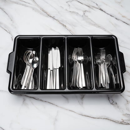 RW Clean Black Plastic Cutlery Box - 4 Compartments, with Handles - 22" x 14 1/4" x 3 1/2" - 1 count box