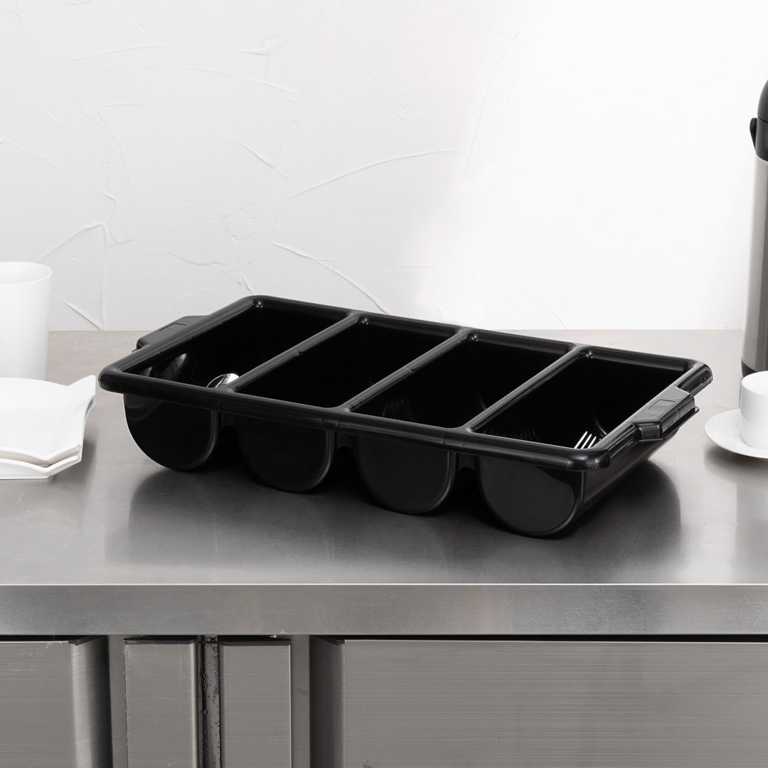RW Clean Black Plastic Cutlery Box - 4 Compartments, with Handles - 22" x 14 1/4" x 3 1/2" - 1 count box