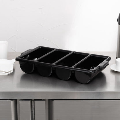 RW Clean Black Plastic Cutlery Box - 4 Compartments, with Handles - 22" x 14 1/4" x 3 1/2" - 1 count box