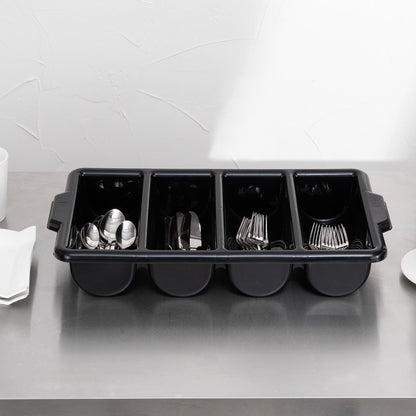 RW Clean Black Plastic Cutlery Box - 4 Compartments, with Handles - 22" x 14 1/4" x 3 1/2" - 1 count box