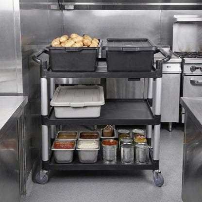 RW Clean Black Plastic Large Heavy-Duty Rolling Utility Cart - 3 Shelves - 40 1/4" x 19 3/4" x 37 3/4" - 1 count box