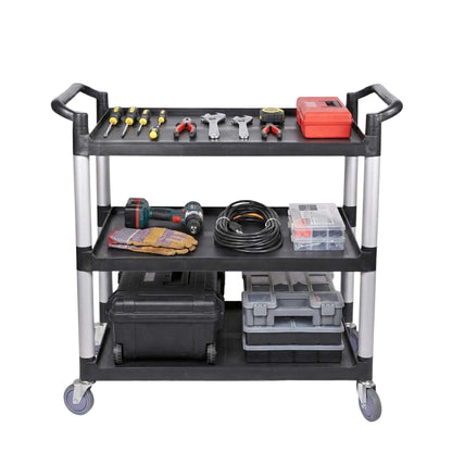 RW Clean Black Plastic Large Heavy-Duty Rolling Utility Cart - 3 Shelves - 40 1/4" x 19 3/4" x 37 3/4" - 1 count box