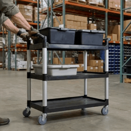 RW Clean Black Plastic Large Heavy-Duty Rolling Utility Cart - 3 Shelves - 40 1/4" x 19 3/4" x 37 3/4" - 1 count box