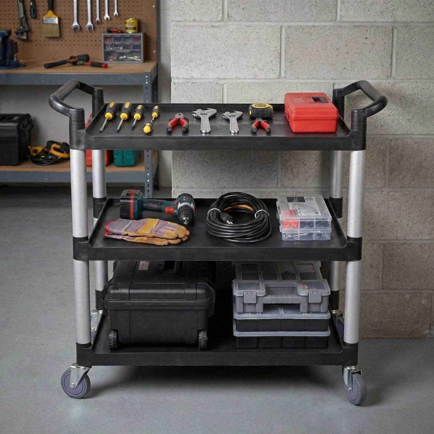 RW Clean Black Plastic Large Heavy-Duty Rolling Utility Cart - 3 Shelves - 40 1/4" x 19 3/4" x 37 3/4" - 1 count box