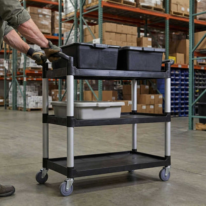 RW Clean Black Plastic Large Heavy-Duty Rolling Utility Cart - 3 Shelves - 40 1/4" x 19 3/4" x 37 3/4" - 1 count box