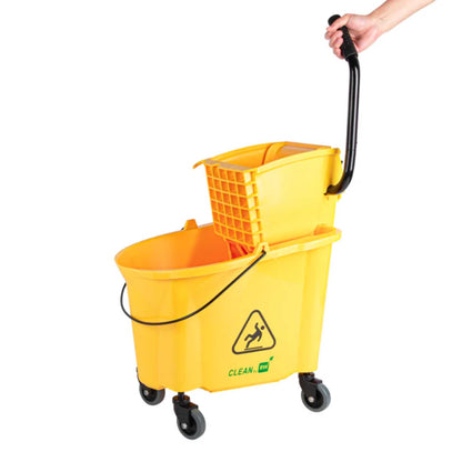RW Clean 38 qt Yellow Plastic Mop Bucket - with Side Press Wringer - 22 1/2" x 16 1/4" x 36 1/2" - 1 count box