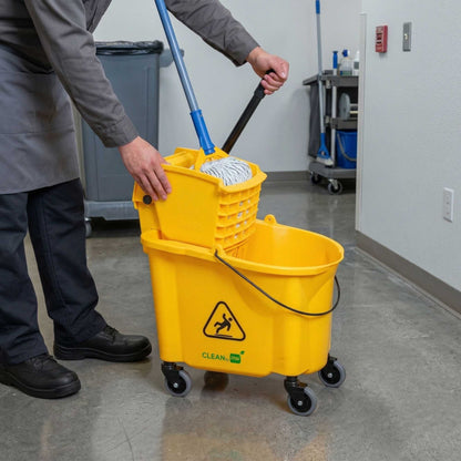 RW Clean 38 qt Yellow Plastic Mop Bucket - with Side Press Wringer - 22 1/2" x 16 1/4" x 36 1/2" - 1 count box