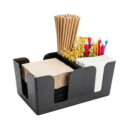 Bar Lux Black Plastic Condiment Caddy Napkin Holder - 6 Compartments, Pebbled - 9 1/2" x 5 3/4" x 4 1/4" - 1 count box