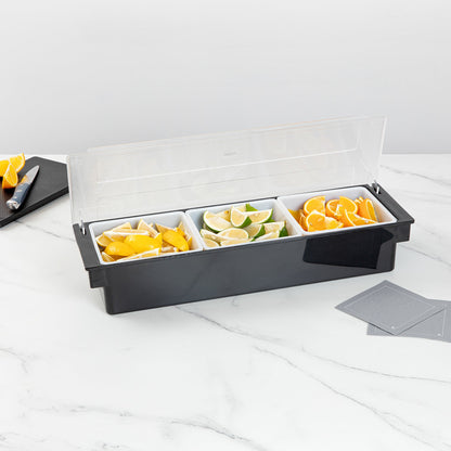 Bar Lux Black Plastic Condiment Caddy - 3 Compartments - 19 1/2" x 6 1/4" x 3 3/4" - 1 count box