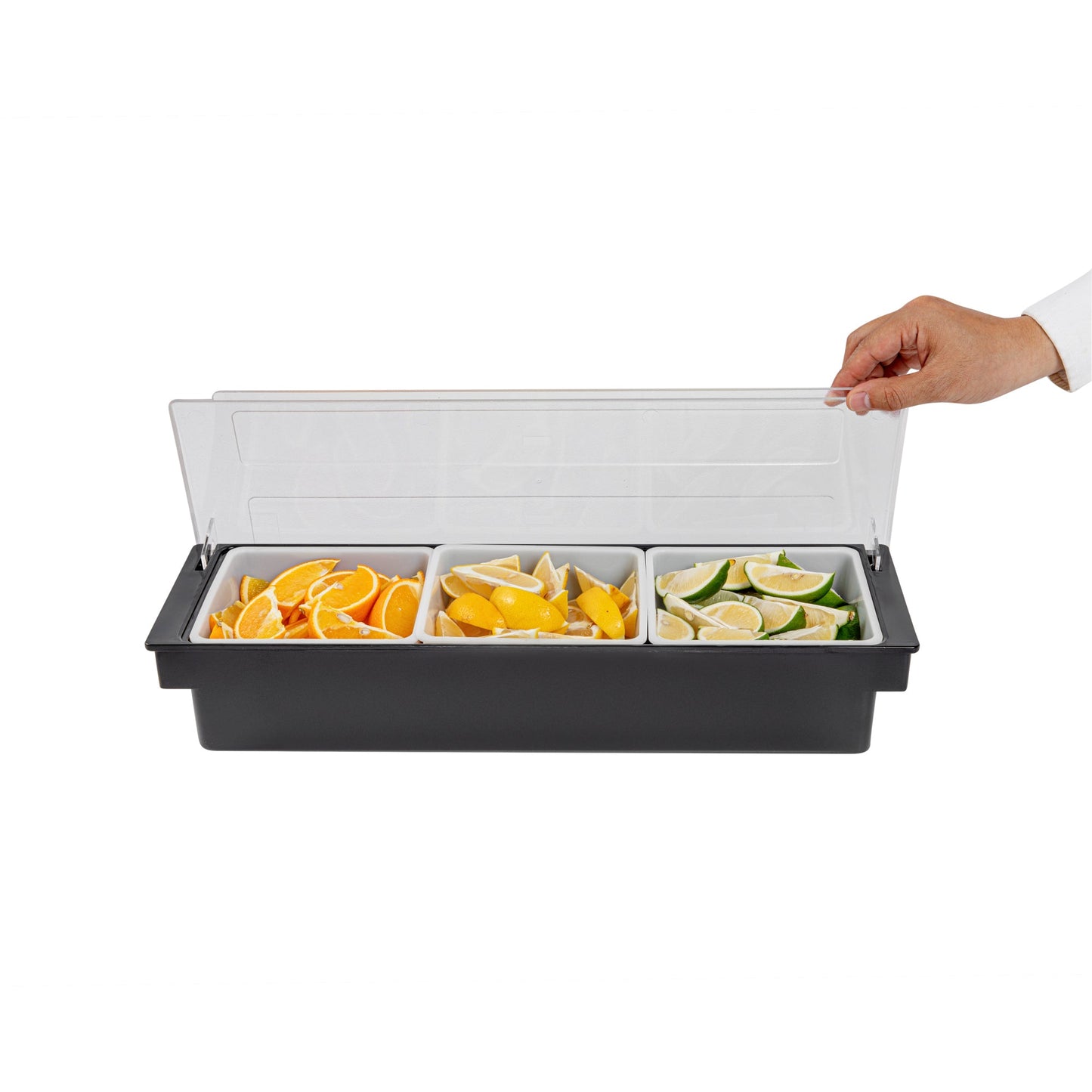 Bar Lux Black Plastic Condiment Caddy - 3 Compartments - 19 1/2" x 6 1/4" x 3 3/4" - 1 count box
