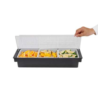 Bar Lux Black Plastic Condiment Caddy - 3 Compartments - 19 1/2" x 6 1/4" x 3 3/4" - 1 count box