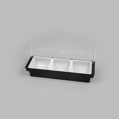 Bar Lux Black Plastic Condiment Caddy - 3 Compartments - 19 1/2" x 6 1/4" x 3 3/4" - 1 count box