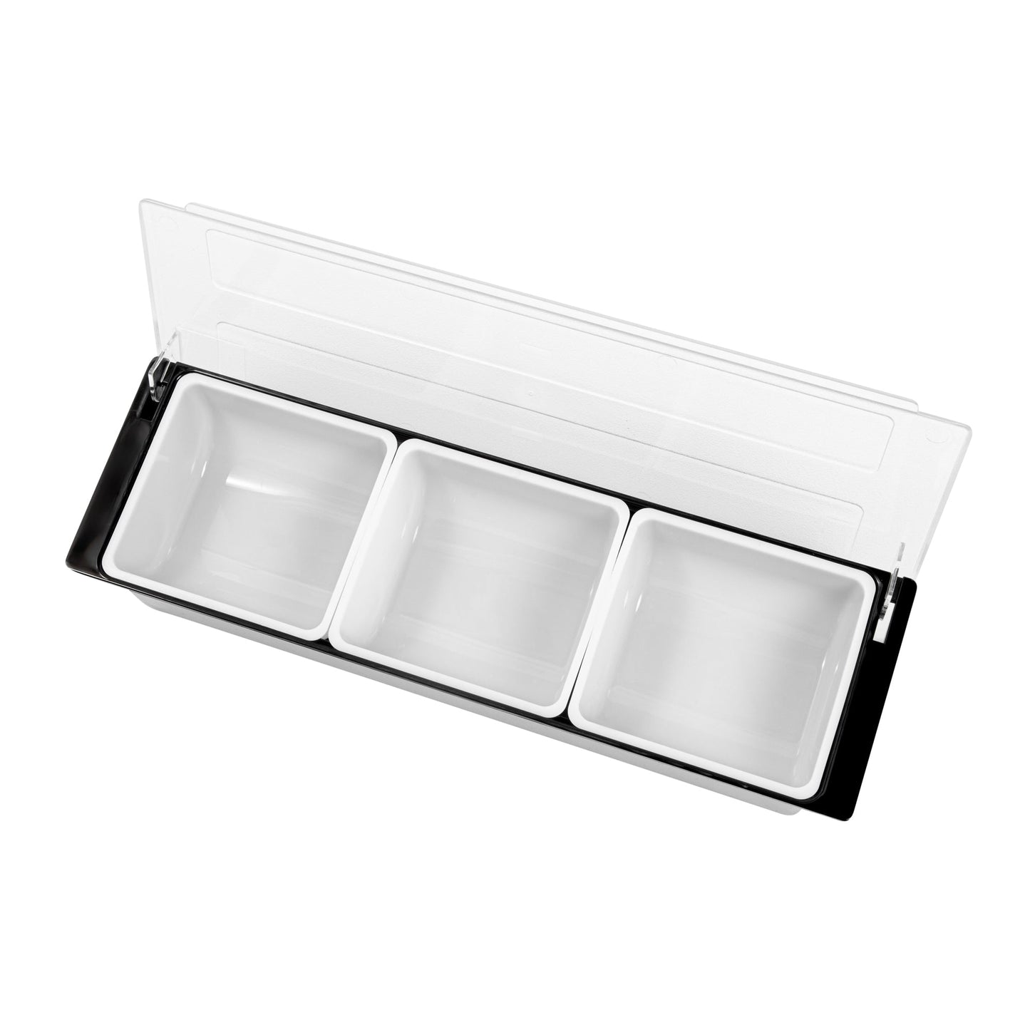 Bar Lux Black Plastic Condiment Caddy - 3 Compartments - 19 1/2" x 6 1/4" x 3 3/4" - 1 count box