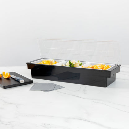 Bar Lux Black Plastic Condiment Caddy - 3 Compartments - 19 1/2" x 6 1/4" x 3 3/4" - 1 count box