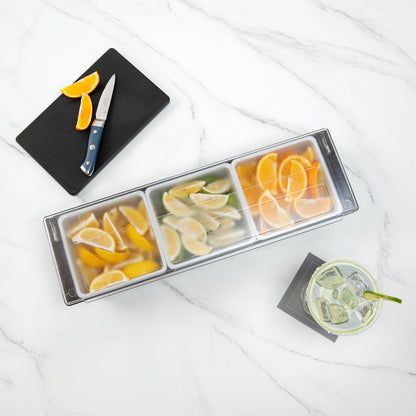 Bar Lux Black Plastic Condiment Caddy - 3 Compartments - 19 1/2" x 6 1/4" x 3 3/4" - 1 count box