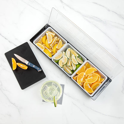 Bar Lux Black Plastic Condiment Caddy - 3 Compartments - 19 1/2" x 6 1/4" x 3 3/4" - 1 count box