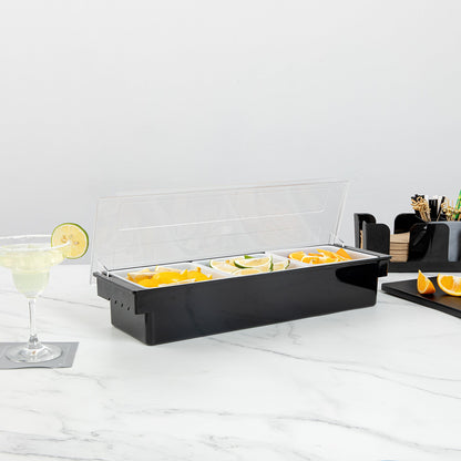 Bar Lux Black Plastic Condiment Caddy - 3 Compartments - 19 1/2" x 6 1/4" x 3 3/4" - 1 count box