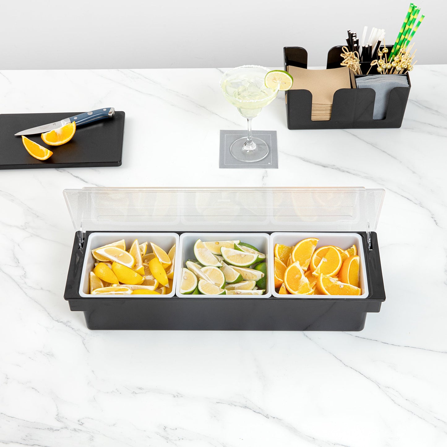 Bar Lux Black Plastic Condiment Caddy - 3 Compartments - 19 1/2" x 6 1/4" x 3 3/4" - 1 count box