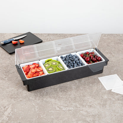Bar Lux Black Plastic Condiment Caddy - 4 Compartments - 19 1/2" x 6 1/4" x 3 3/4" - 1 count box