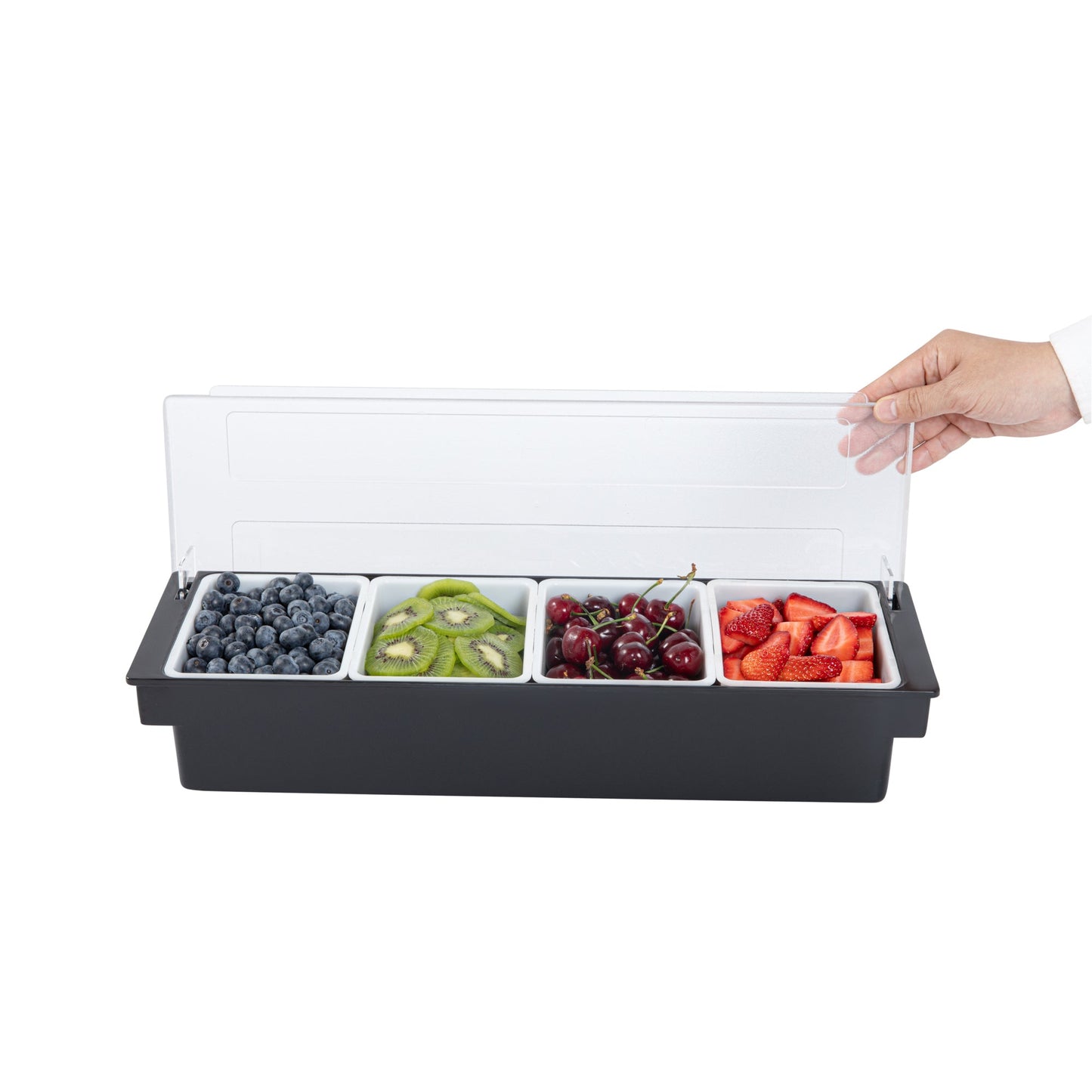 Bar Lux Black Plastic Condiment Caddy - 4 Compartments - 19 1/2" x 6 1/4" x 3 3/4" - 1 count box
