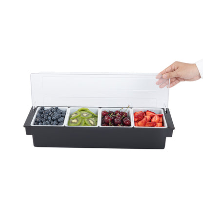 Bar Lux Black Plastic Condiment Caddy - 4 Compartments - 19 1/2" x 6 1/4" x 3 3/4" - 1 count box
