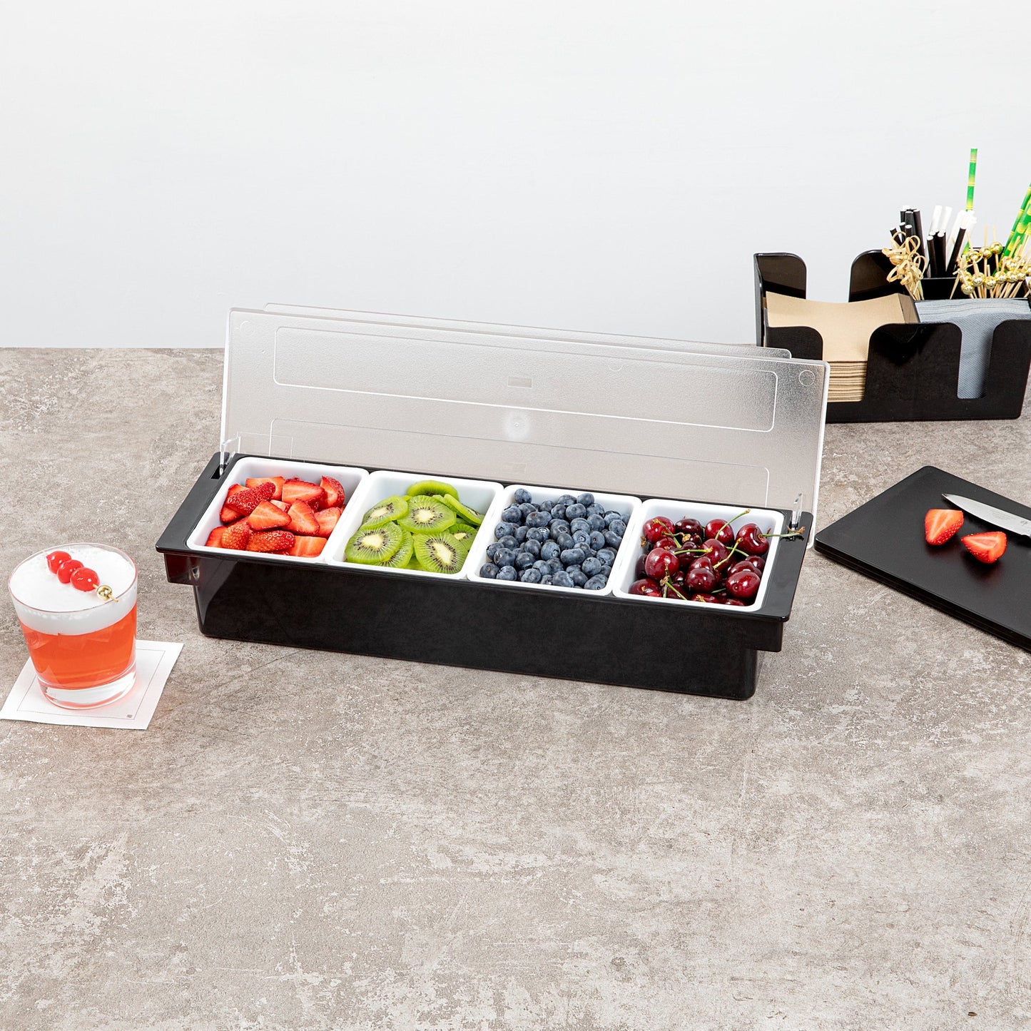 Bar Lux Black Plastic Condiment Caddy - 4 Compartments - 19 1/2" x 6 1/4" x 3 3/4" - 1 count box