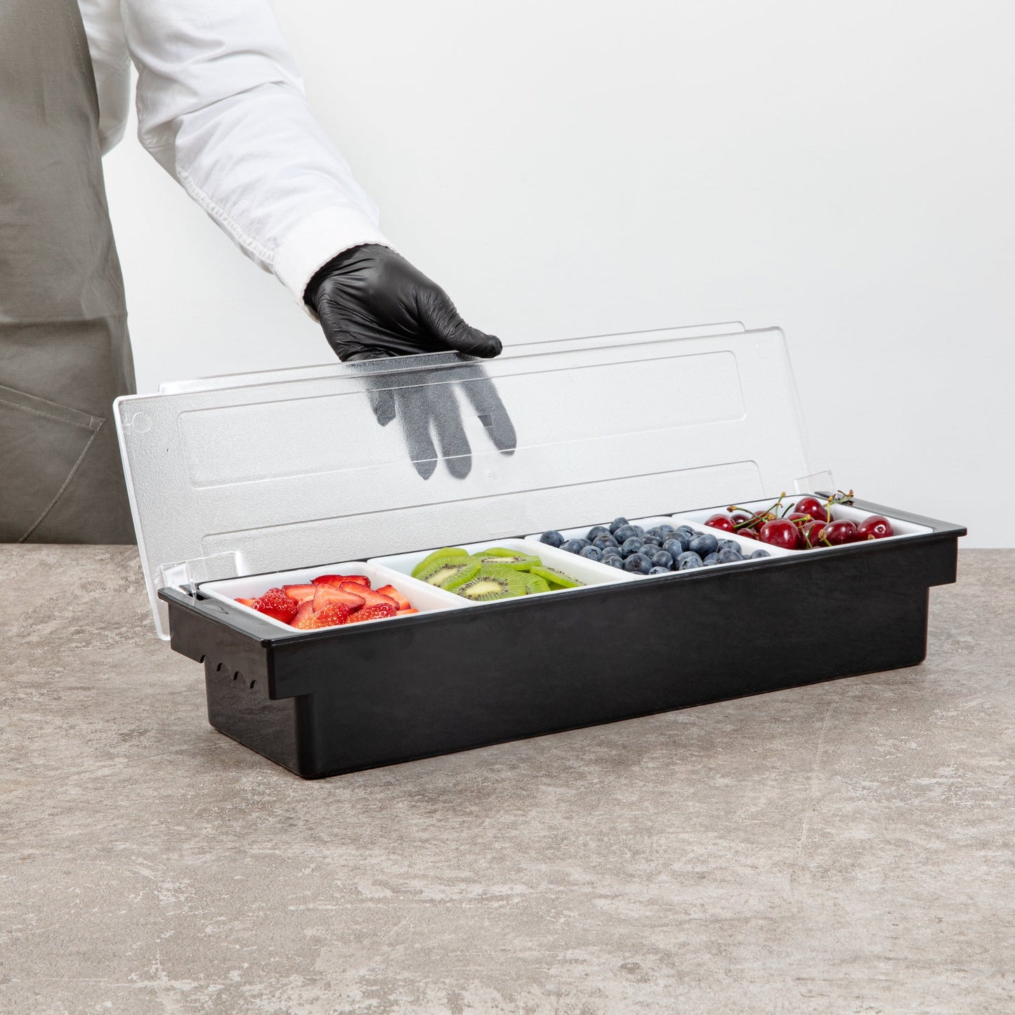 Bar Lux Black Plastic Condiment Caddy - 4 Compartments - 19 1/2" x 6 1/4" x 3 3/4" - 1 count box
