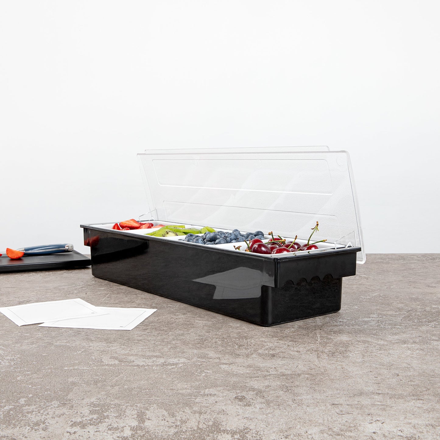 Bar Lux Black Plastic Condiment Caddy - 4 Compartments - 19 1/2" x 6 1/4" x 3 3/4" - 1 count box