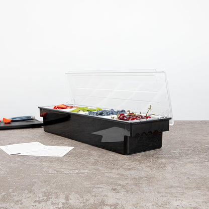 Bar Lux Black Plastic Condiment Caddy - 4 Compartments - 19 1/2" x 6 1/4" x 3 3/4" - 1 count box