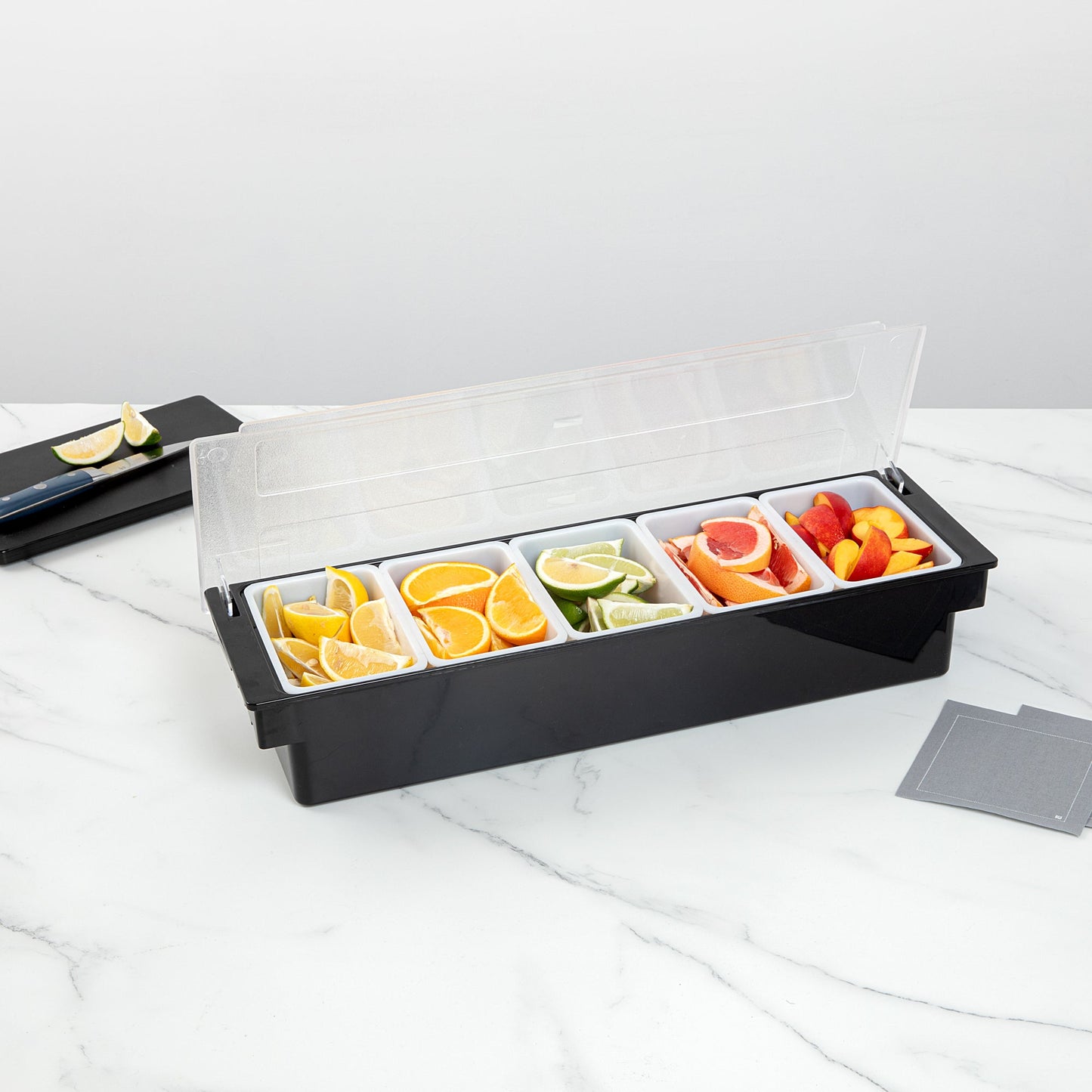 Bar Lux Black Plastic Condiment Caddy - 5 Compartments - 19 1/2" x 6 1/4" x 3 3/4" - 1 count box