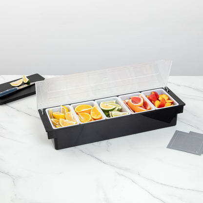 Bar Lux Black Plastic Condiment Caddy - 5 Compartments - 19 1/2" x 6 1/4" x 3 3/4" - 1 count box