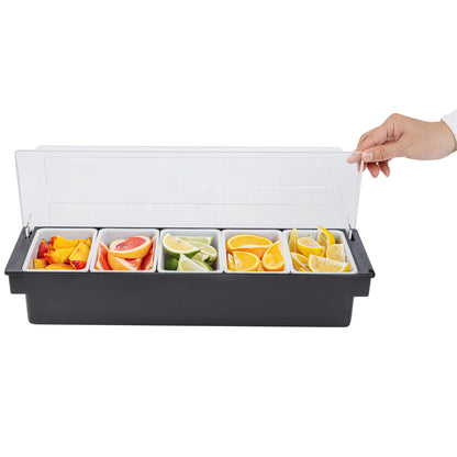 Bar Lux Black Plastic Condiment Caddy - 5 Compartments - 19 1/2" x 6 1/4" x 3 3/4" - 1 count box