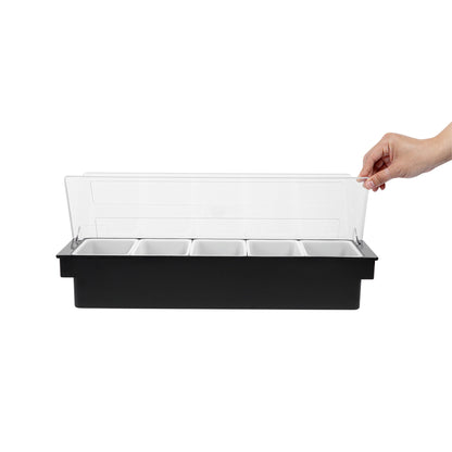 Bar Lux Black Plastic Condiment Caddy - 5 Compartments - 19 1/2" x 6 1/4" x 3 3/4" - 1 count box