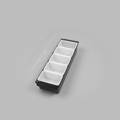 Bar Lux Black Plastic Condiment Caddy - 5 Compartments - 19 1/2" x 6 1/4" x 3 3/4" - 1 count box
